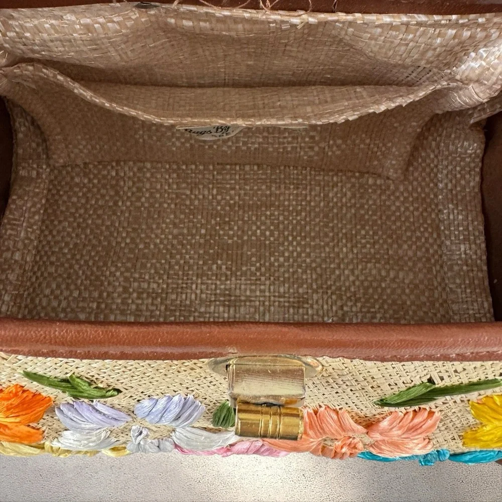 Vtg Straw Raffia Handbag Purse Whidby Embroidered Philippines Turnlock Wood